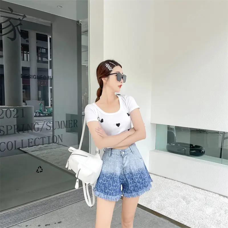 Women Denim Shorts Gradient Blue Frayed High Waist — feature 10