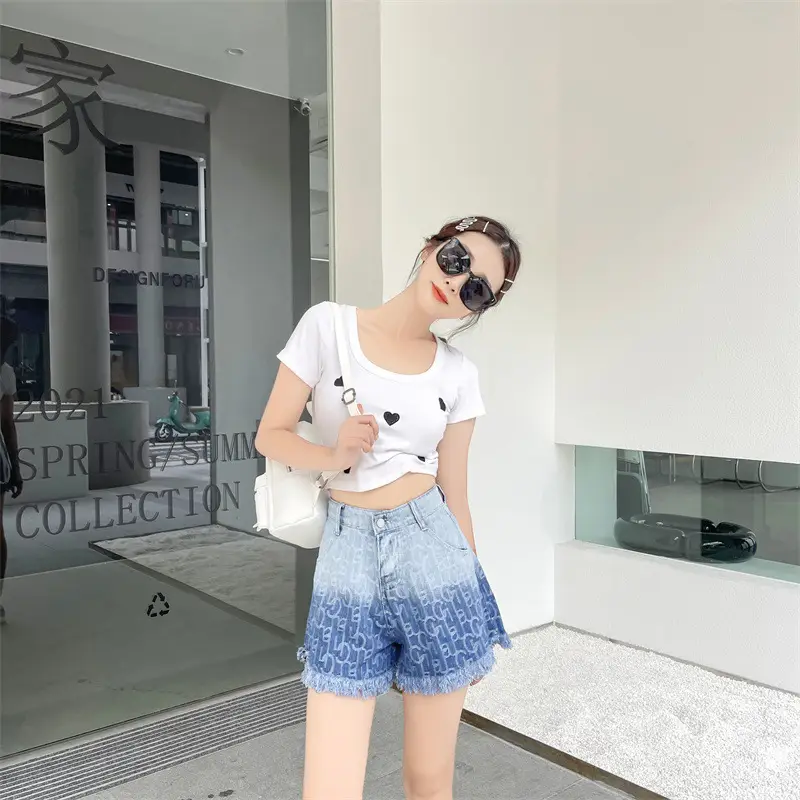 Women Denim Shorts Gradient Blue Frayed High Waist — feature 12