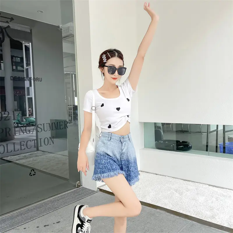 Women Denim Shorts Gradient Blue Frayed High Waist — feature 13