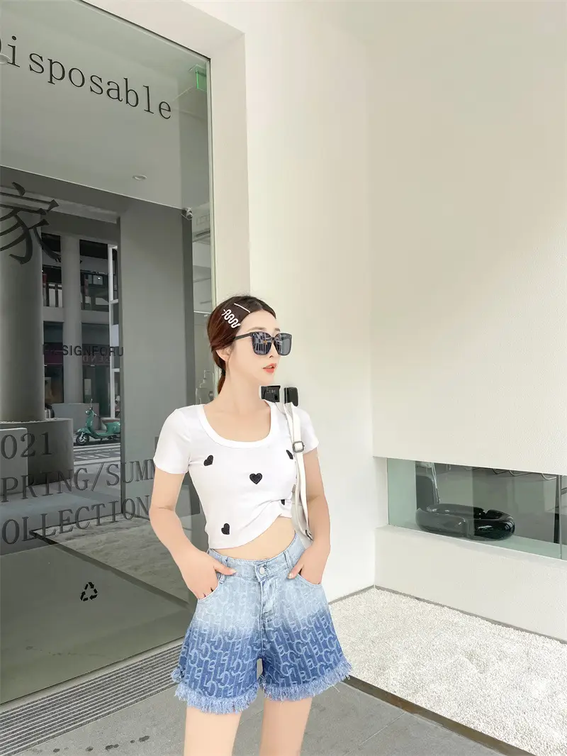 Women Denim Shorts Gradient Blue Frayed High Waist — feature 14