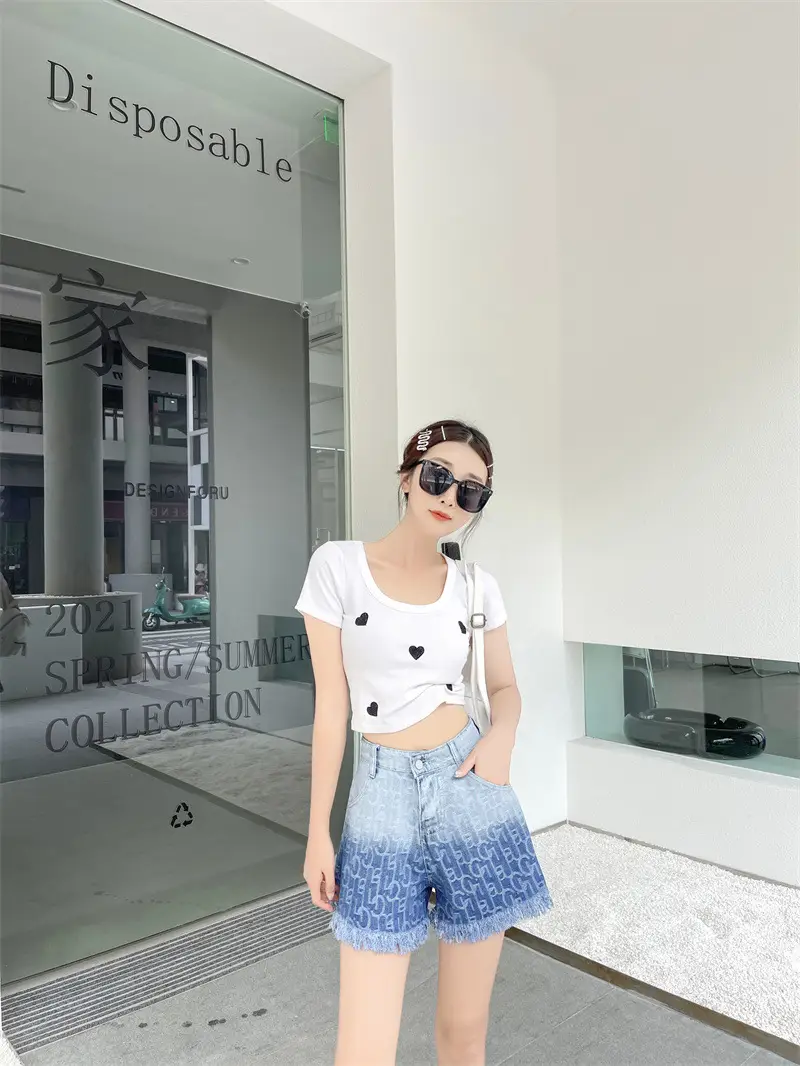 Women Denim Shorts Gradient Blue Frayed High Waist — feature 15