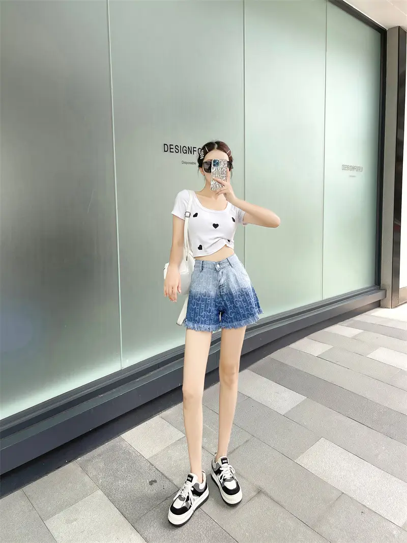 Women Denim Shorts Gradient Blue Frayed High Waist — feature 4