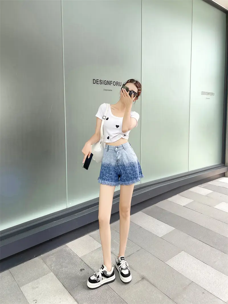 Women Denim Shorts Gradient Blue Frayed High Waist — feature 5