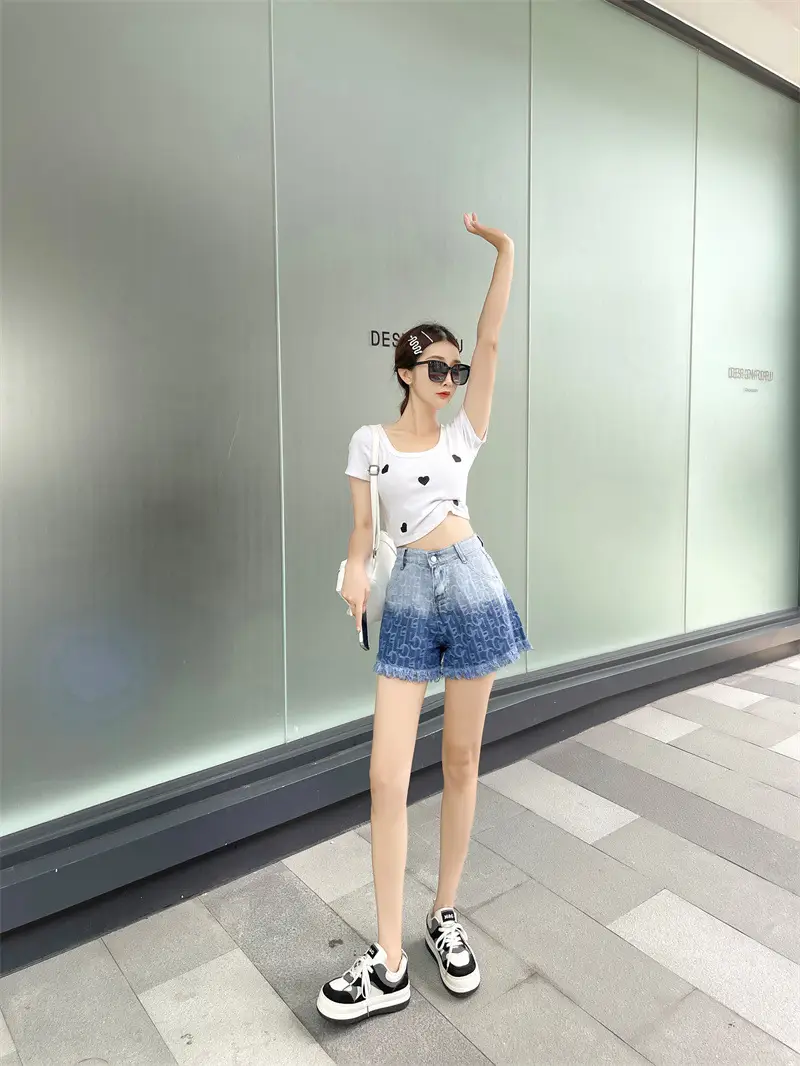 Women Denim Shorts Gradient Blue Frayed High Waist — feature 6