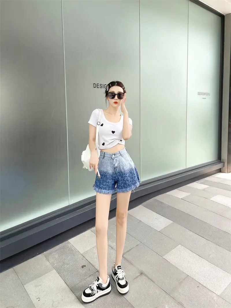 Women Denim Shorts Gradient Blue Frayed High Waist — feature 7