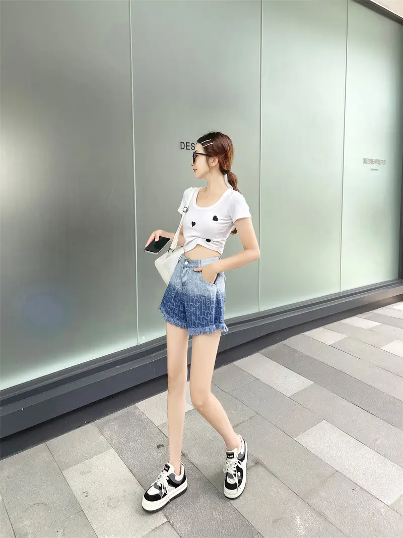 Women Denim Shorts Gradient Blue Frayed High Waist — feature 8
