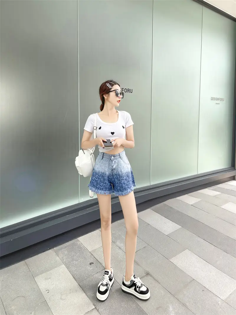 Women Denim Shorts Gradient Blue Frayed High Waist — feature 9