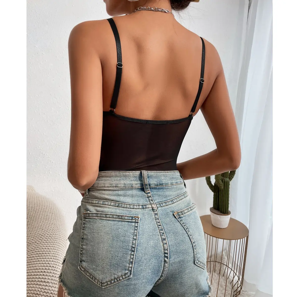 White Lace Backless Jersey Top with Side Cutouts — feature 5