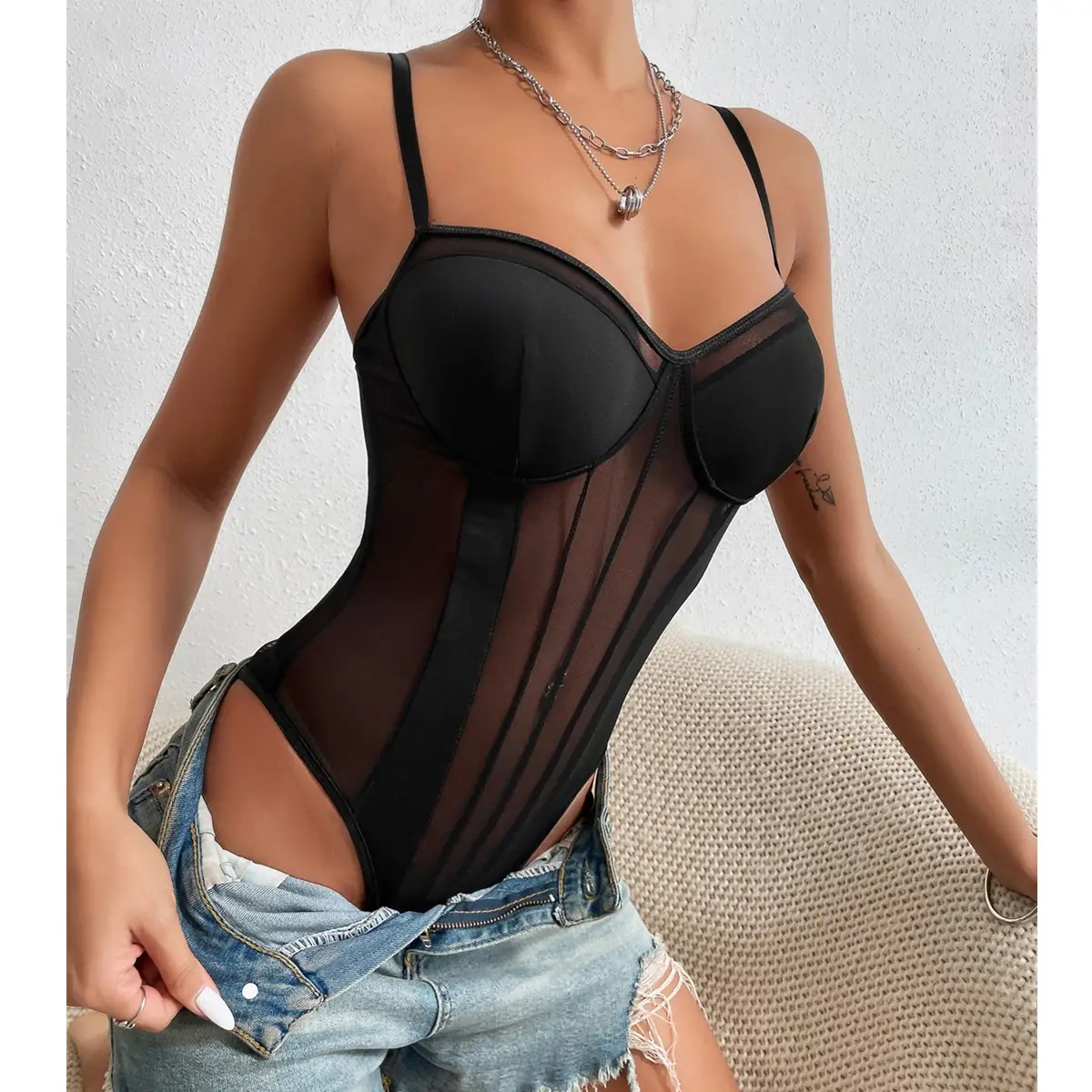 White Lace Backless Jersey Top with Side Cutouts — feature 6