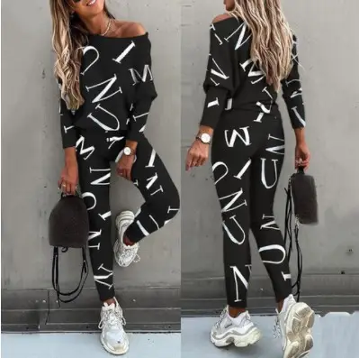 Women Letter Print Long Sleeve Pants Suit Grey - Image 7