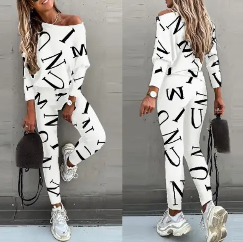 Women Letter Print Long Sleeve Pants Suit Grey - Image 9