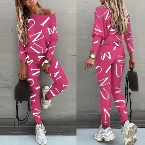Women Letter Print Long Sleeve Pants Suit Grey - Image 10