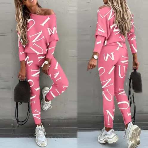 Women Letter Print Long Sleeve Pants Suit Grey — feature 4