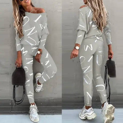 Women Letter Print Long Sleeve Pants Suit Grey — feature 5