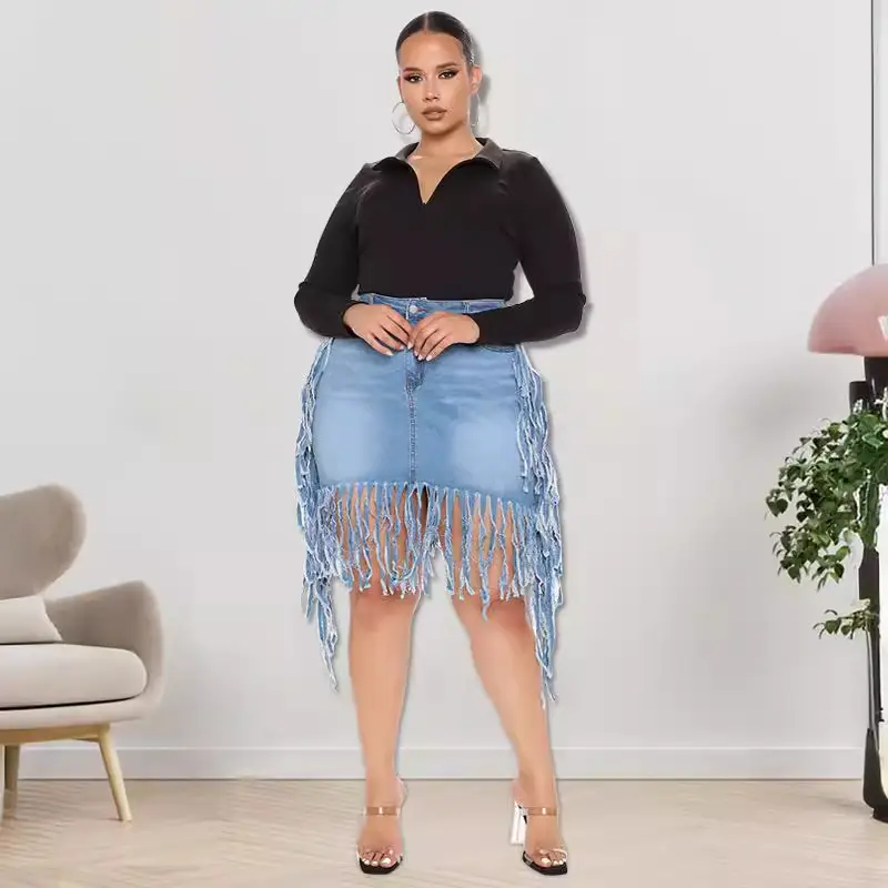 Women's Black Fringe Denim Skirt Large Size Spring New - Image 4