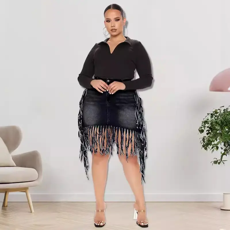Women's Black Fringe Denim Skirt Large Size Spring New - Image 5
