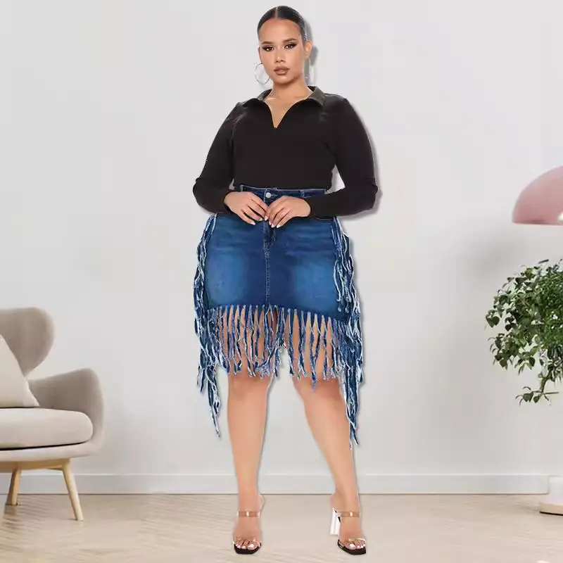 Women's Black Fringe Denim Skirt Large Size Spring New - Image 6