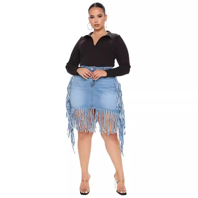 Women's Black Fringe Denim Skirt Large Size Spring New - Image 7