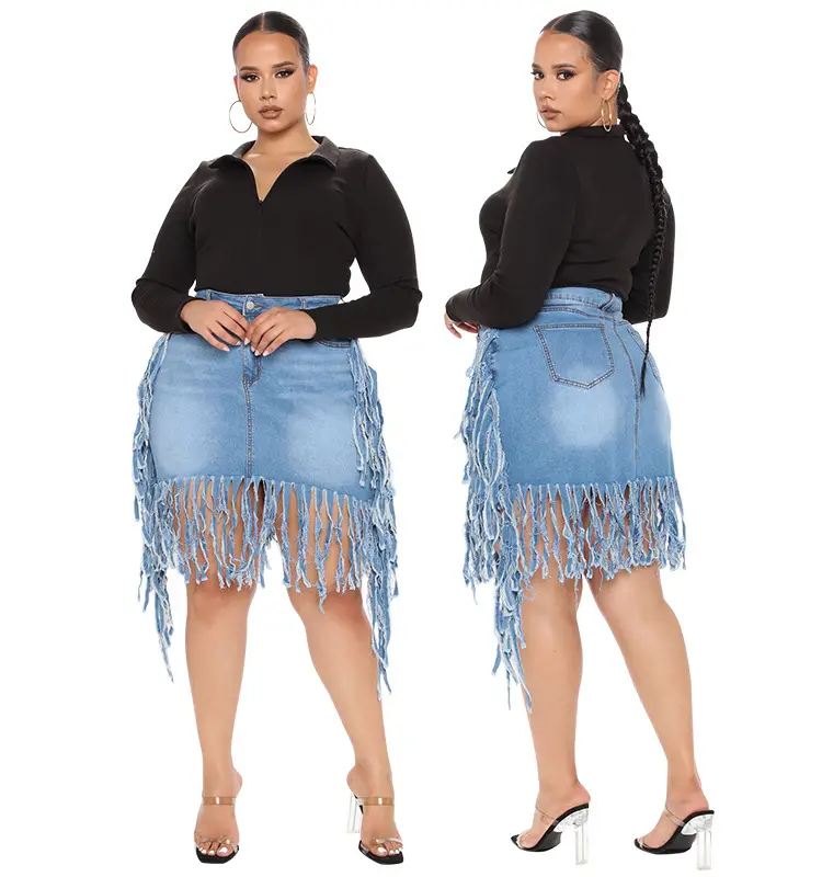 Women's Black Fringe Denim Skirt Large Size Spring New - Image 2