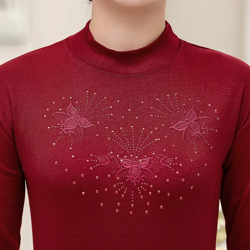 Women Cotton Embroidered Shirt Red 40+ Spring - Image 9