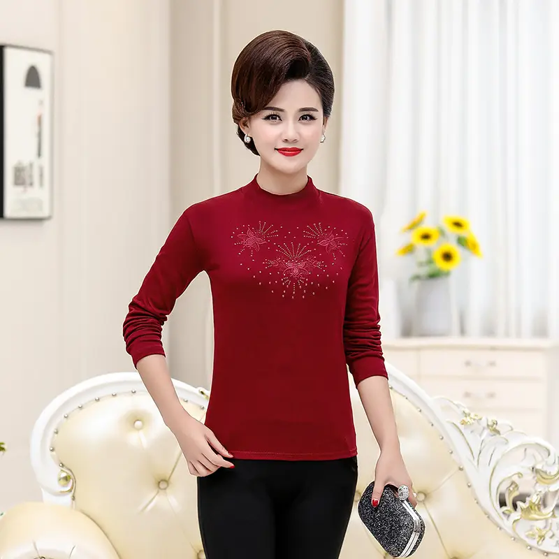 Women Cotton Embroidered Shirt Red 40+ Spring - Image 3