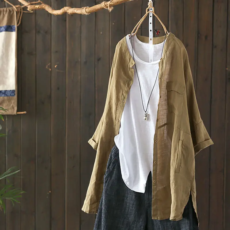 2025 Cotton Linen Loose Mid-Length Top Shirt Large - Image 5