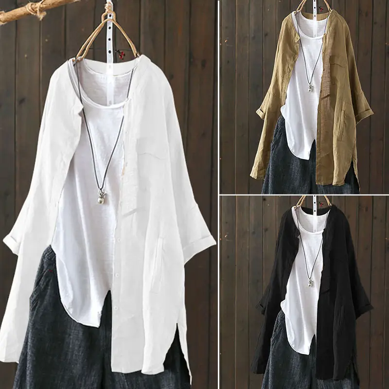 2025 Cotton Linen Loose Mid-Length Top Shirt Large - Image 6