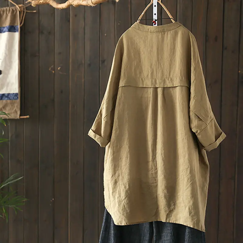 2025 Cotton Linen Loose Mid-Length Top Shirt Large - Image 7