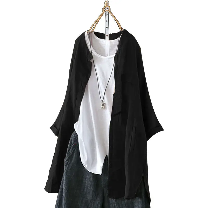 2025 Cotton Linen Loose Mid-Length Top Shirt Large - Image 8