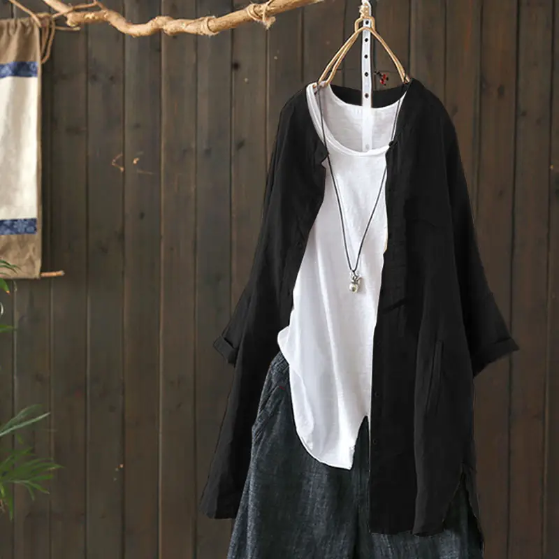 2025 Cotton Linen Loose Mid-Length Top Shirt Large - Image 2