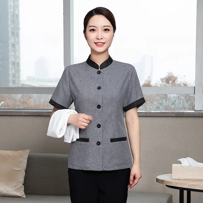 Short Sleeve Grey Button-Down Hotel Attendant Suit - Image 3