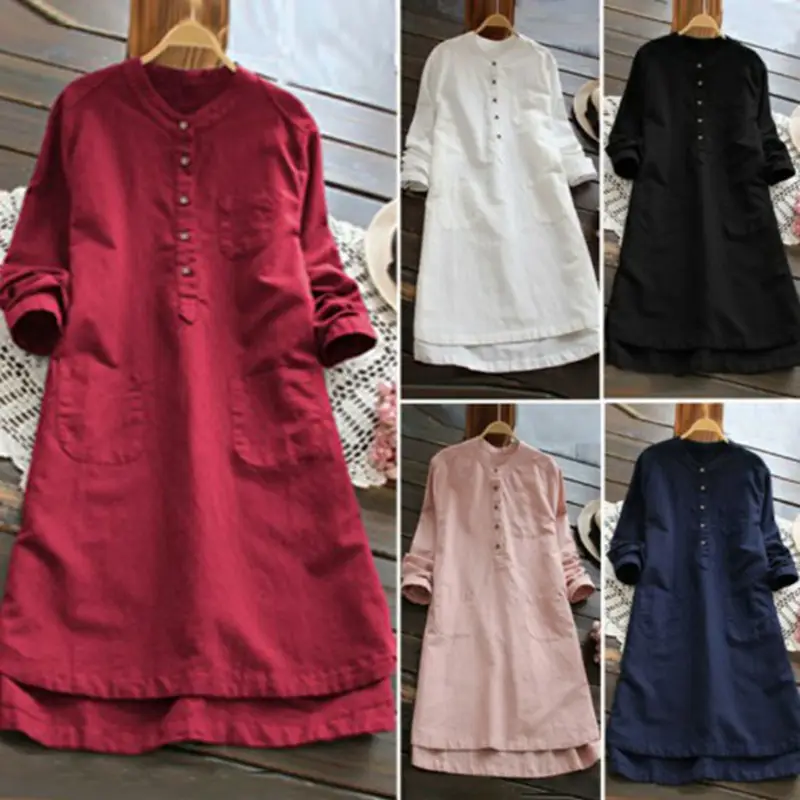 New Women Button Collar Long Shirt Asymmetrical Loose Sleeve - Image 7