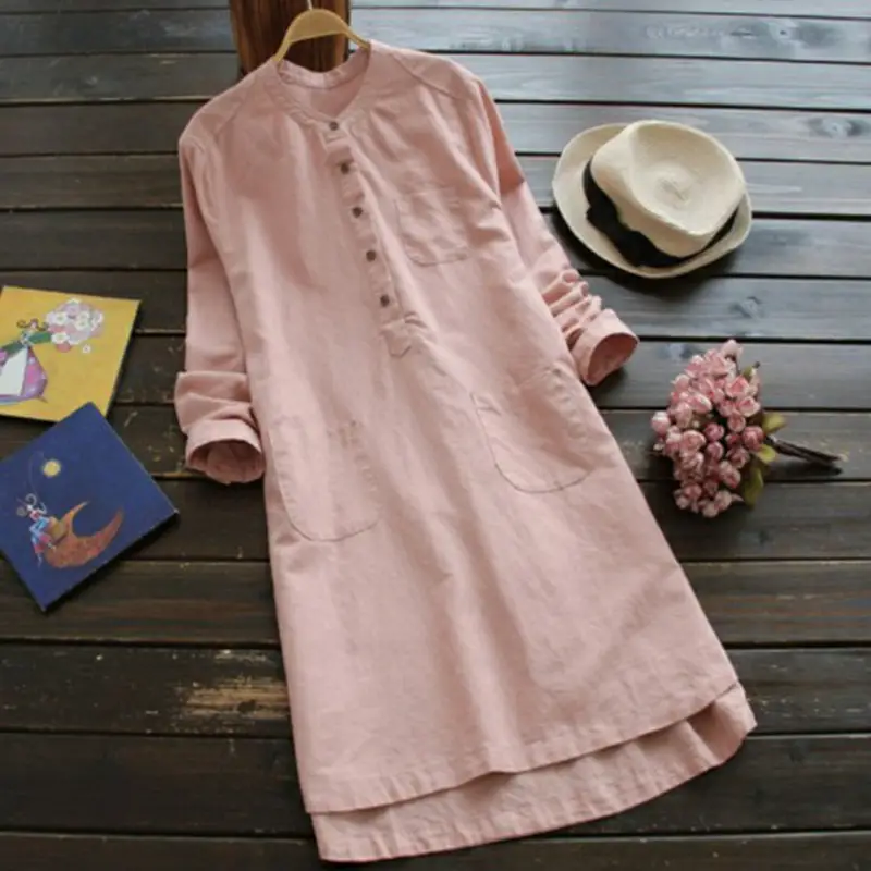 New Women Button Collar Long Shirt Asymmetrical Loose Sleeve - Image 3