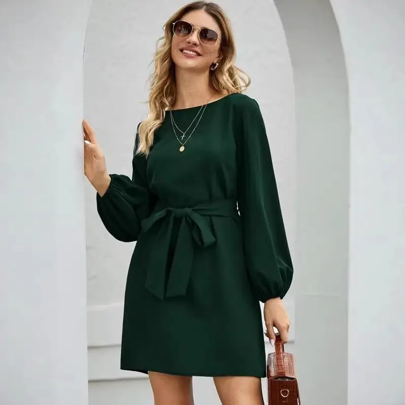 2021 Long Belted Pullover Dress Women Brown - Image 10