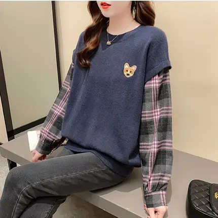 2022 Knitted Women's Sweater with Plaid Sleeves Large - Image 2