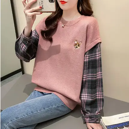 2022 Knitted Women's Sweater with Plaid Sleeves Large - Image 5