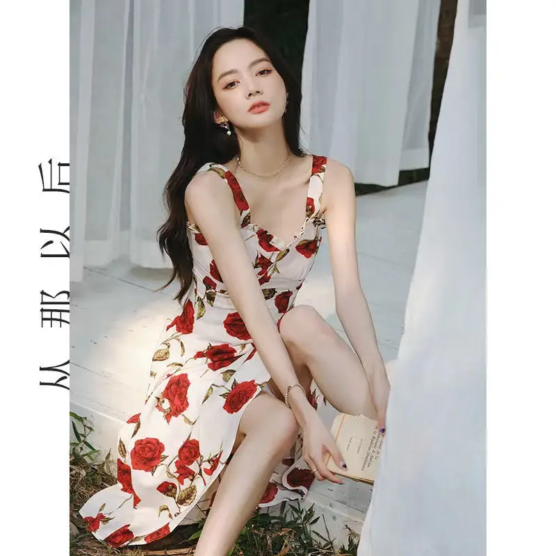 Women's Red Rose Floral Sleeveless Skirt Dress - Image 3