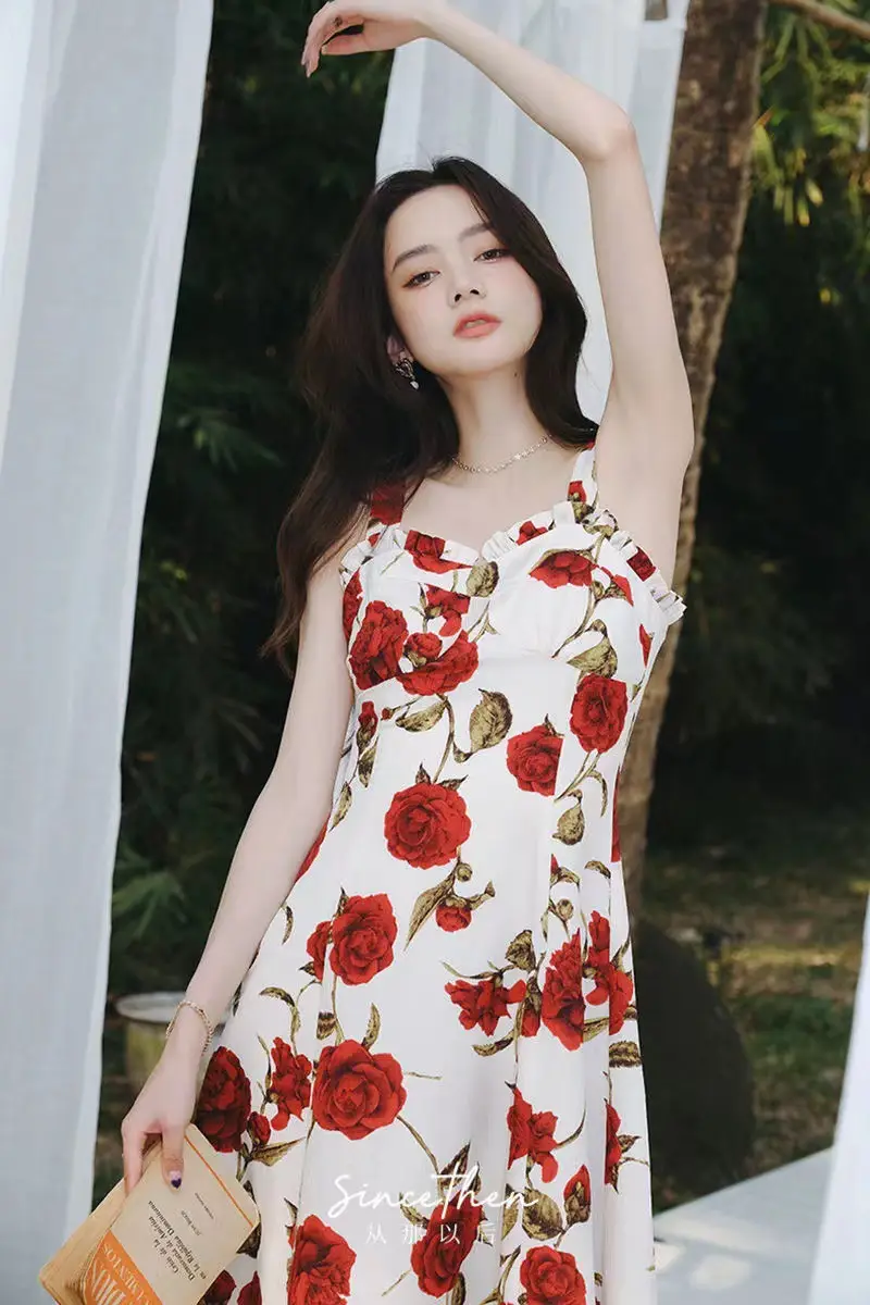 Women's Red Rose Floral Sleeveless Skirt Dress — feature 12