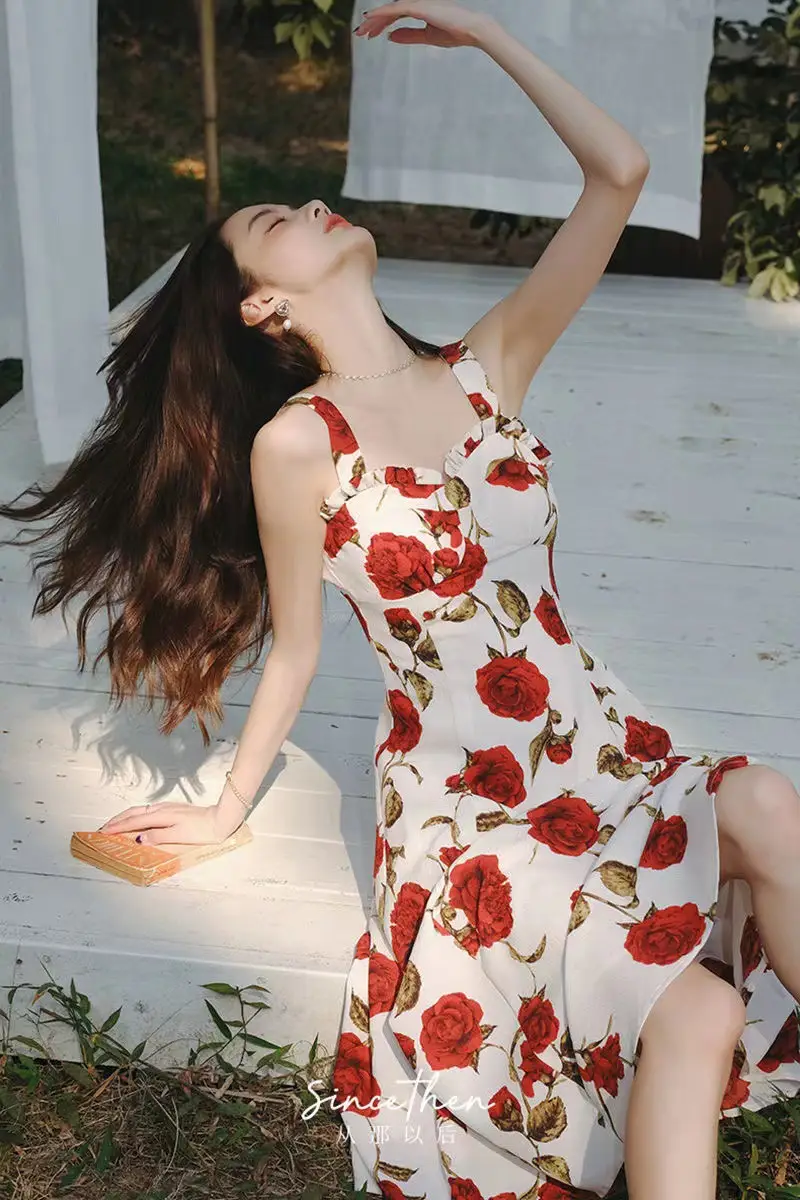 Women's Red Rose Floral Sleeveless Skirt Dress — feature 13