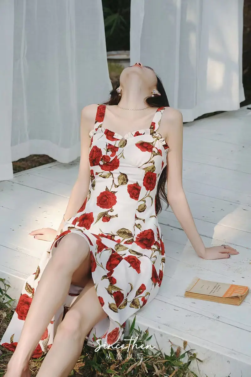 Women's Red Rose Floral Sleeveless Skirt Dress — feature 15