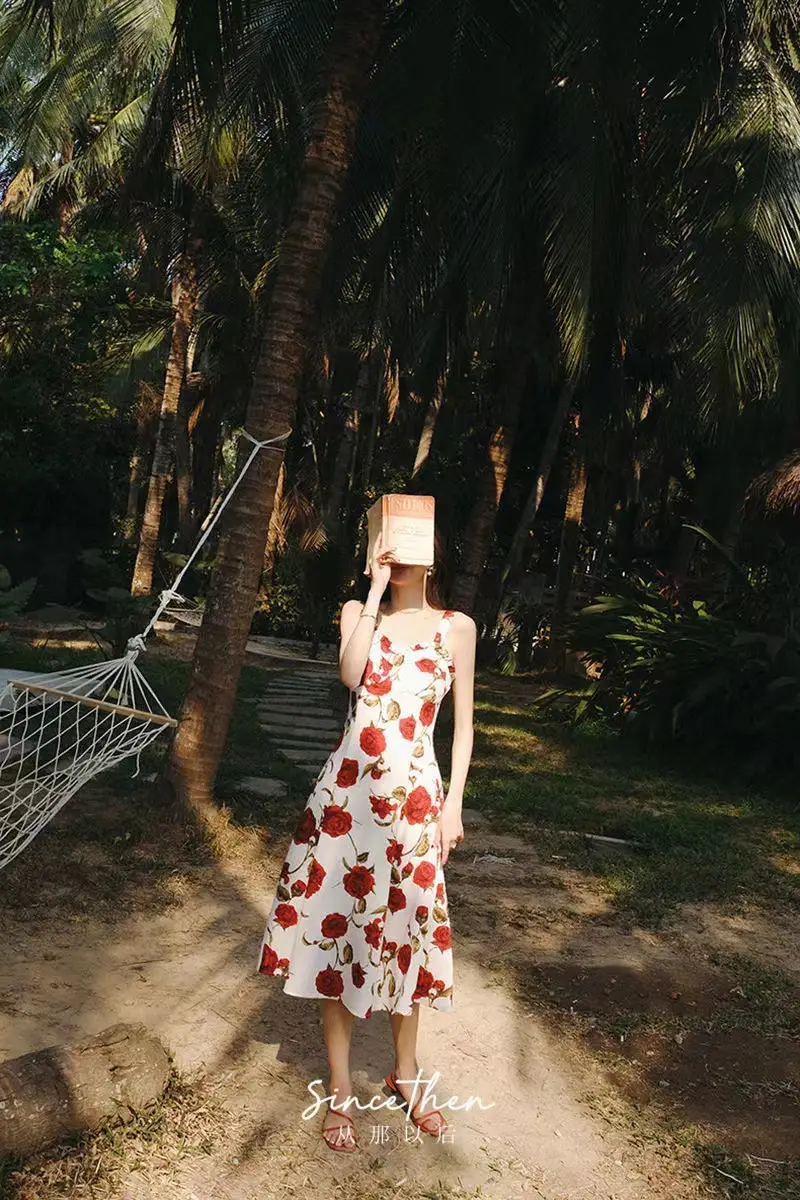 Women's Red Rose Floral Sleeveless Skirt Dress — feature 16