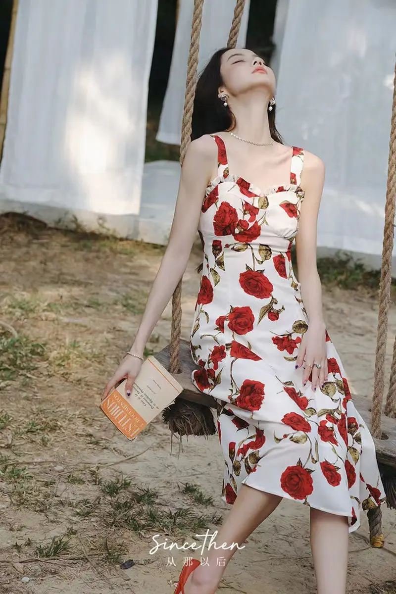 Women's Red Rose Floral Sleeveless Skirt Dress — feature 7