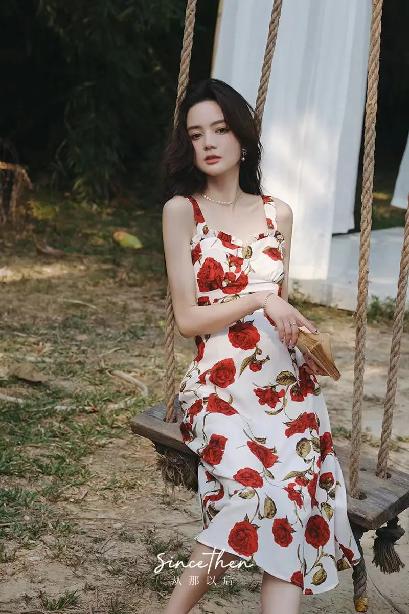 Women's Red Rose Floral Sleeveless Skirt Dress — feature 8