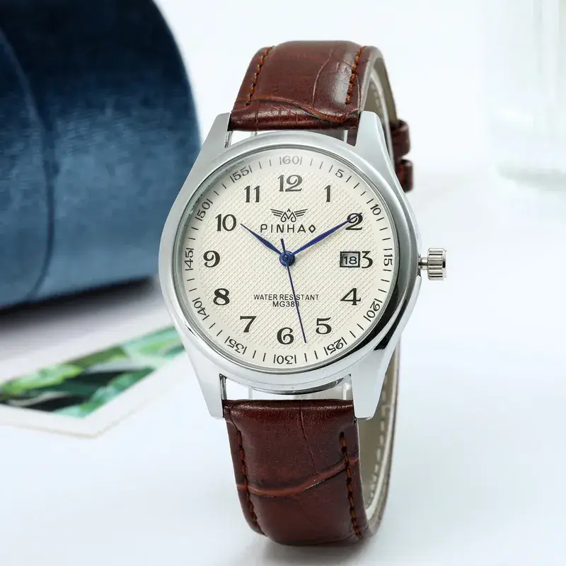 Men Brown Leather Watch with Digital Display