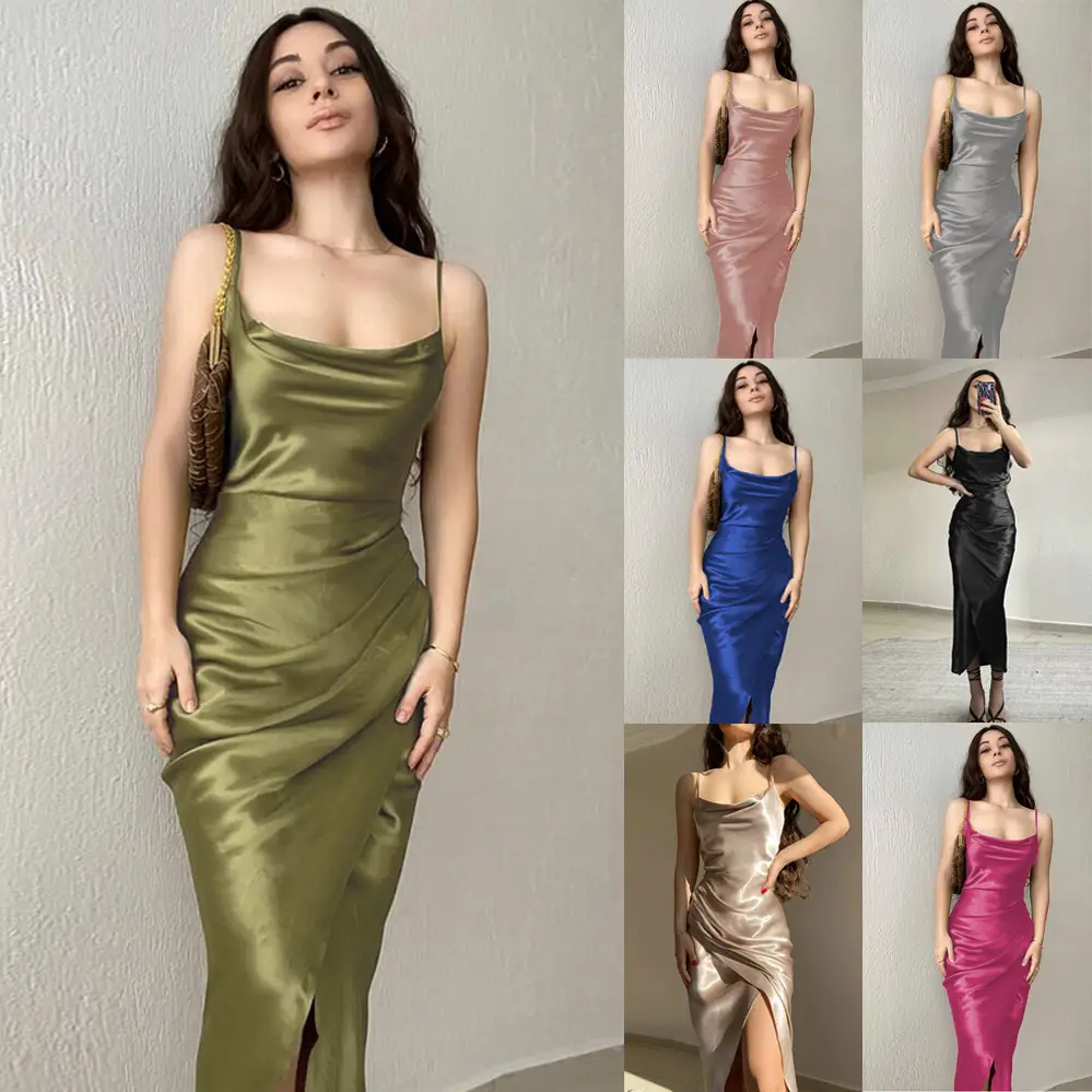 Women's Blue Satin New Sling Dress Low Cut Split Backless - Image 7