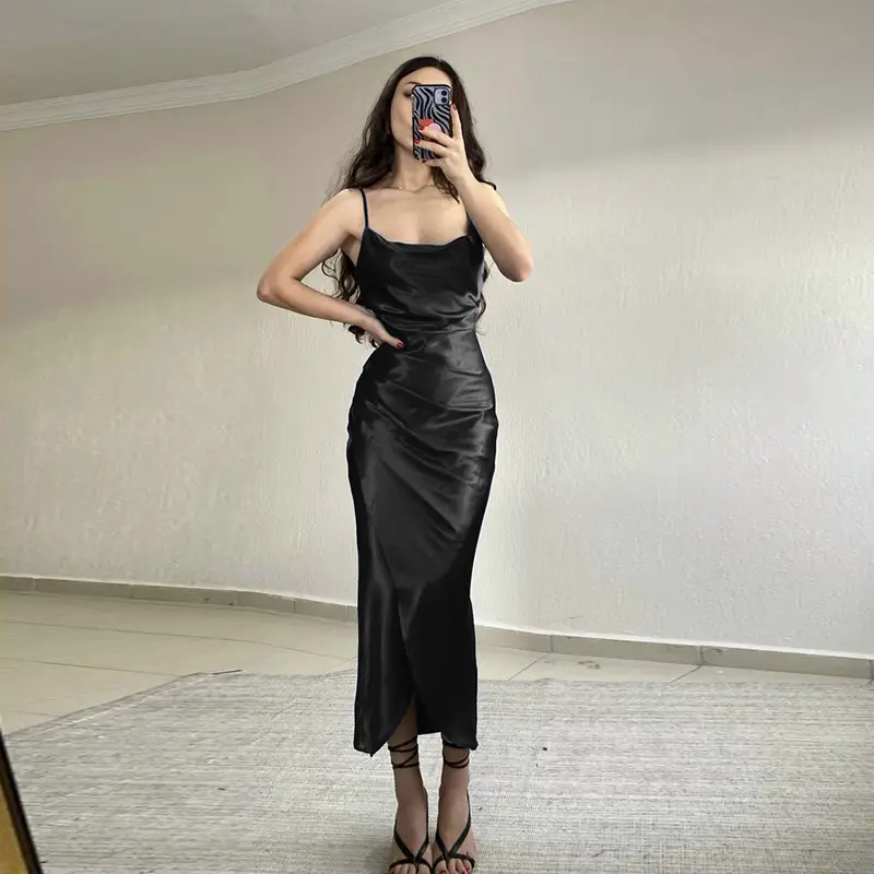 Women's Blue Satin New Sling Dress Low Cut Split Backless - Image 11