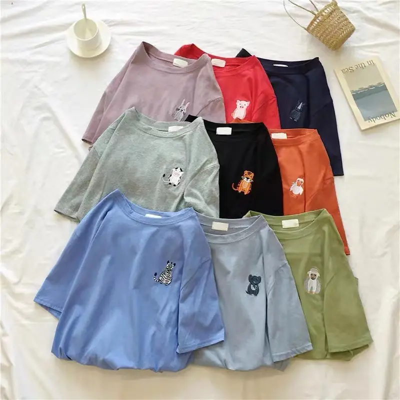 Women Grey T-Shirt with Cat Embroidery Summer Casual Wear - Image 20