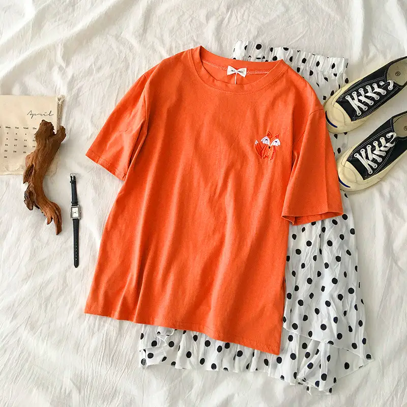 Women Grey T-Shirt with Cat Embroidery Summer Casual Wear - Image 22
