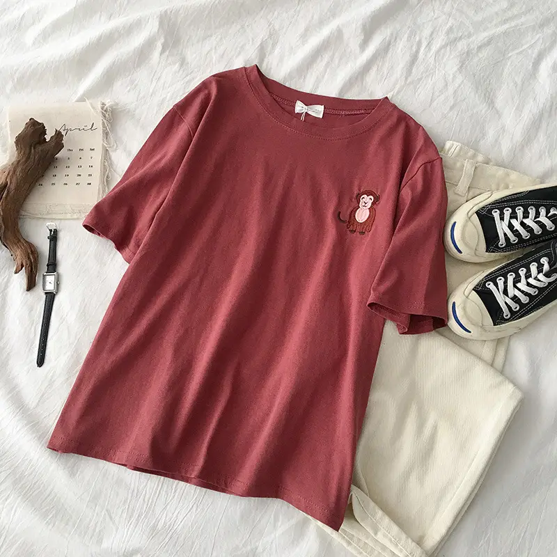 Women Grey T-Shirt with Cat Embroidery Summer Casual Wear - Image 15
