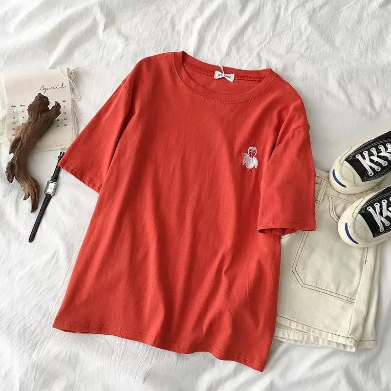 Women Grey T-Shirt with Cat Embroidery Summer Casual Wear - Image 17